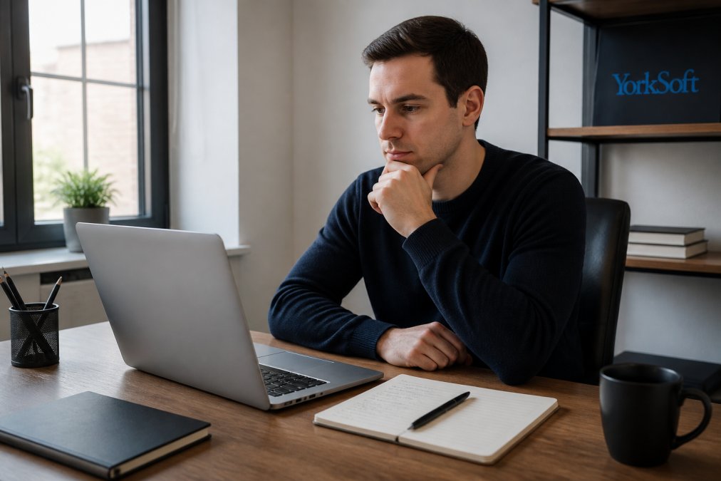 Small business owner in modern office reviewing analytics dashboard on laptop with notepad of questions beside keyboard, natural window lighting