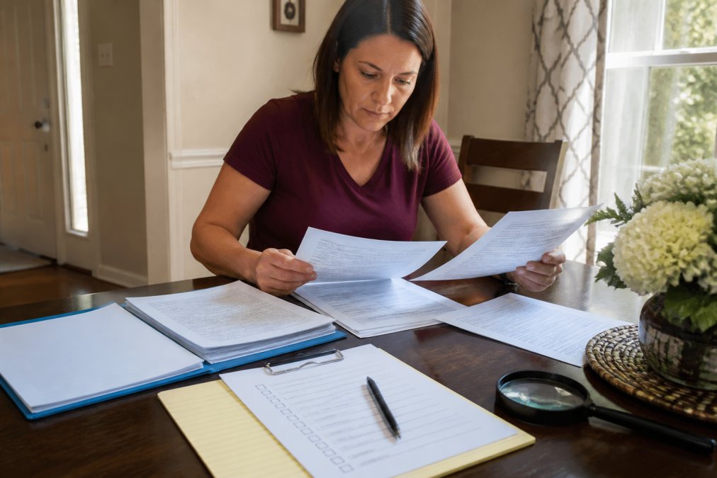 A homeowner at a dining table reviewing cleaning service documents, certificates, and background check paperwork with a verification checklist and pen nearby, natural afternoon light from a window