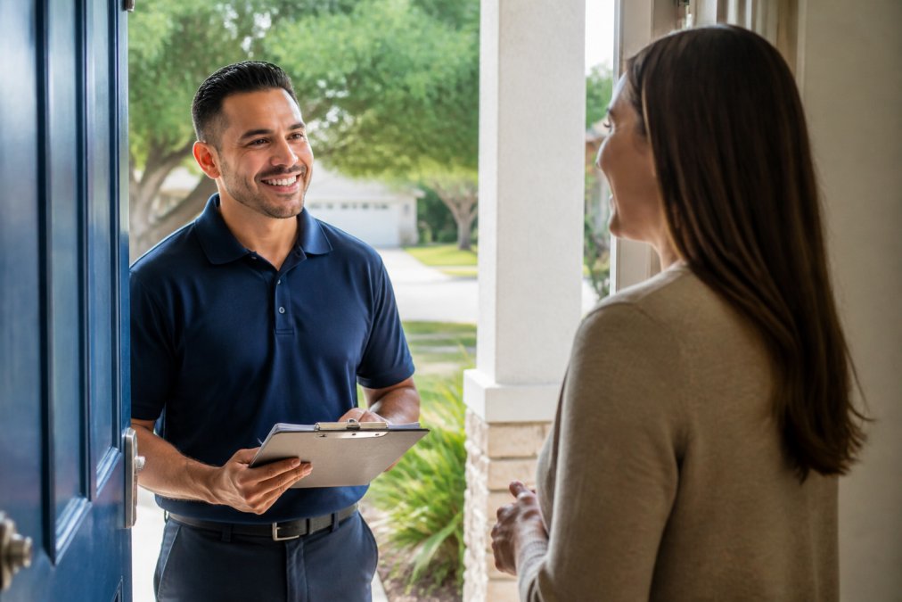 A friendly, uniformed professional carpet cleaner at a homeowner's front door, both smiling and engaged in conversation, clipboard in hand, natural daylight