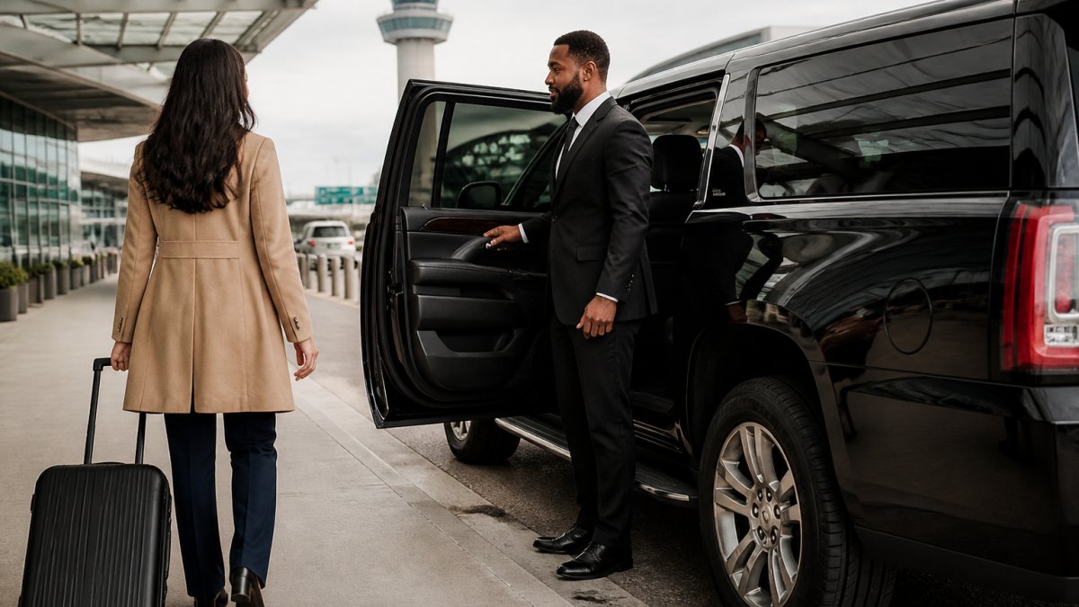 Professional chauffeur in a suit opens a luxury truck door for a traveler at the airport using our chauffeur services.