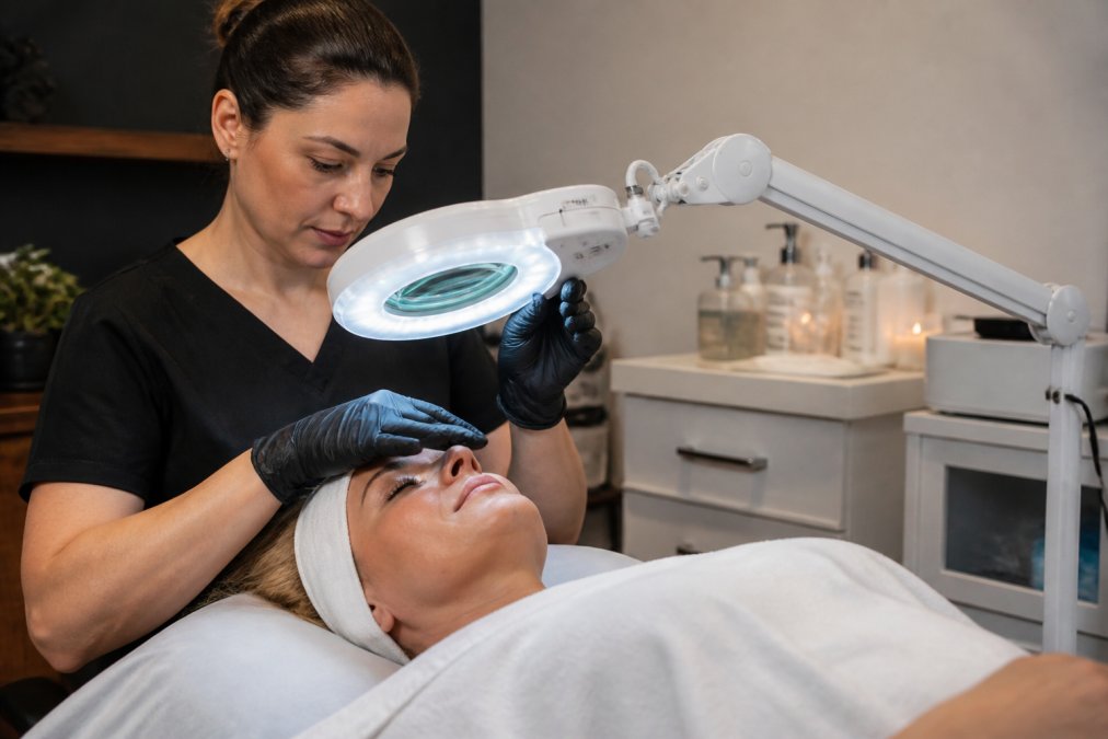 A licensed esthetician in a clean, modern treatment room examining a client's skin with a bright magnifying light before a chemical peel procedure