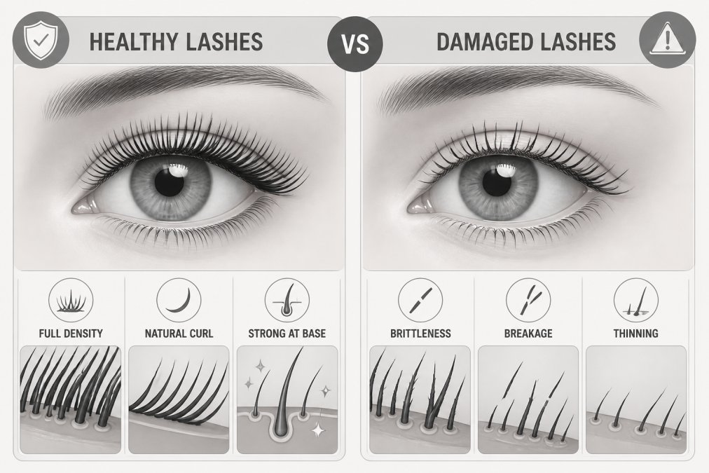 Infographic comparing healthy lashes to damaged ones to keep professional lash treatments safe and effective.