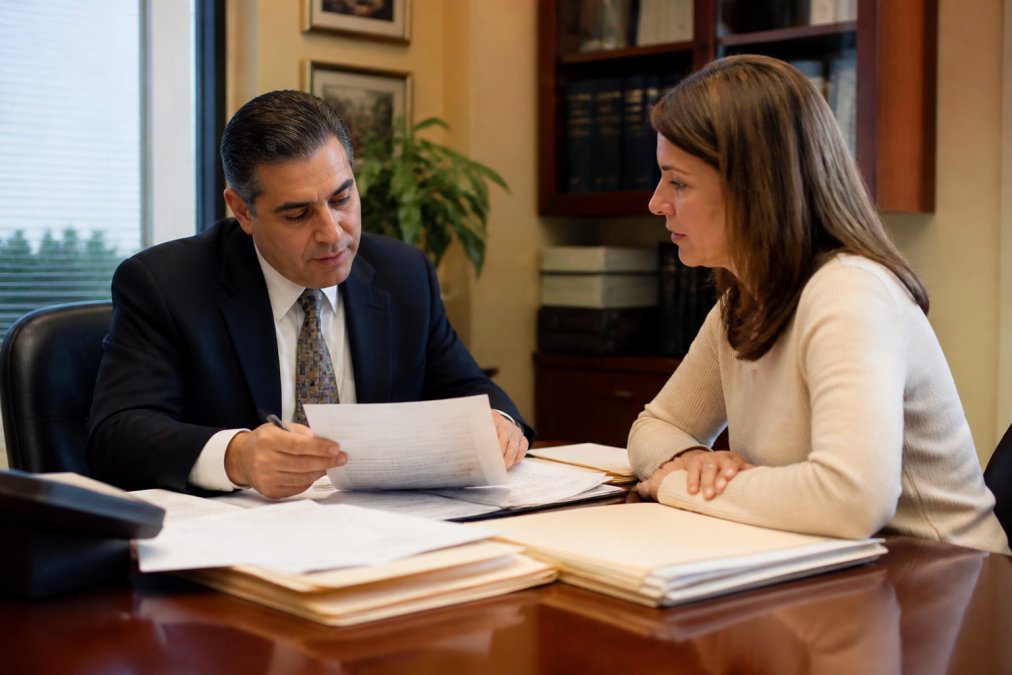 A tax professional in a well-lit office reviewing IRS documents with a client across a desk, both looking at papers with focused expressions