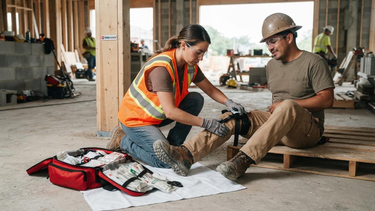 Workplace responder applying a tourniquet to a colleague's leg injury on a construction site using a trauma kit.