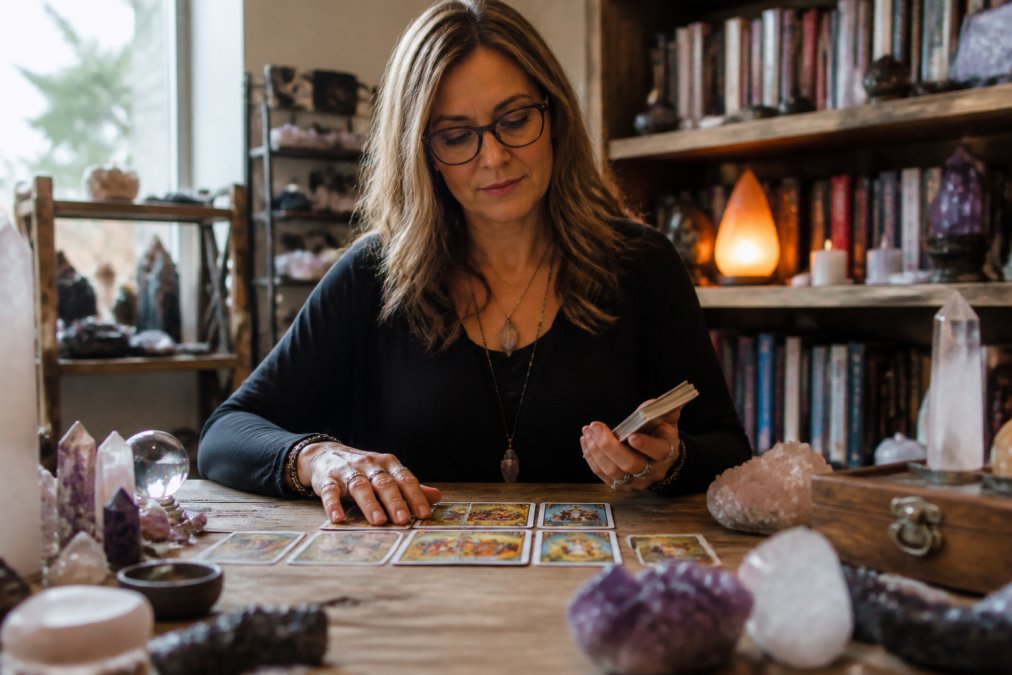 A professional spiritual practitioner in a calm, well-lit space surrounded by authentic spiritual tools including crystals, tarot cards, and books on shelves, demonstrating a grounded and authentic practice environment