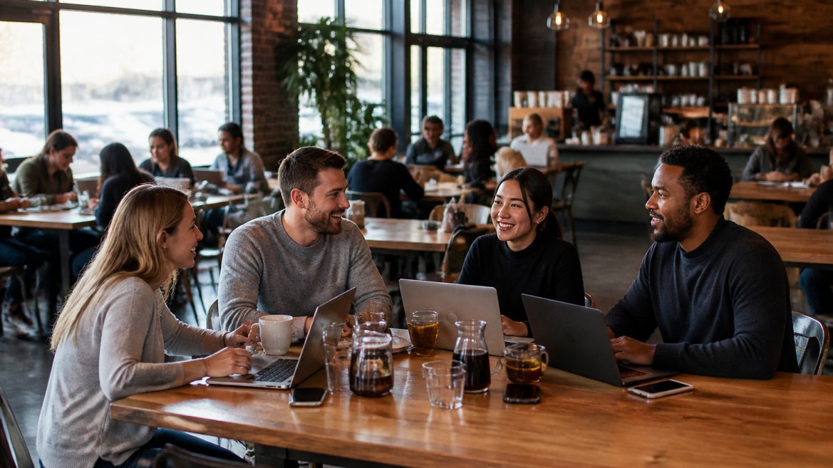 Infographic illustrating how working in public spaces boosts collaboration among diverse professional teams