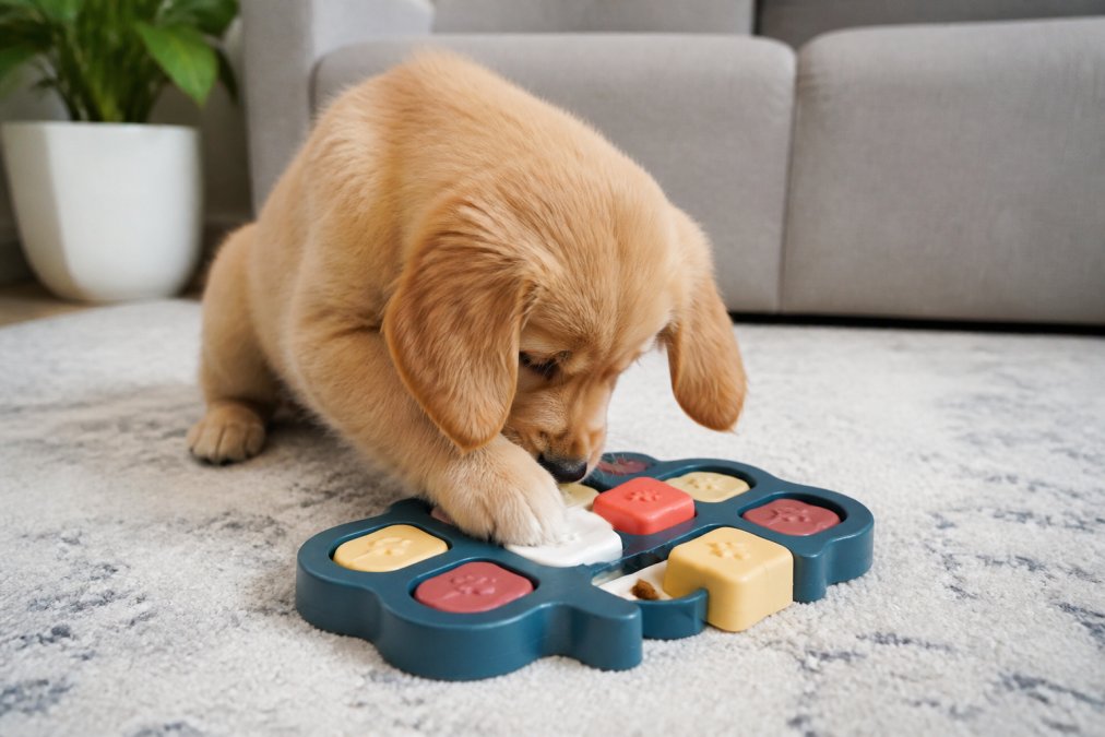 A curious golden retriever puppy actively working on an interactive puzzle toy indoors, with visible treat compartments and the puppy's paws engaged with the puzzle mechanism, showing focused problem-solving behavior in a bright living room setting