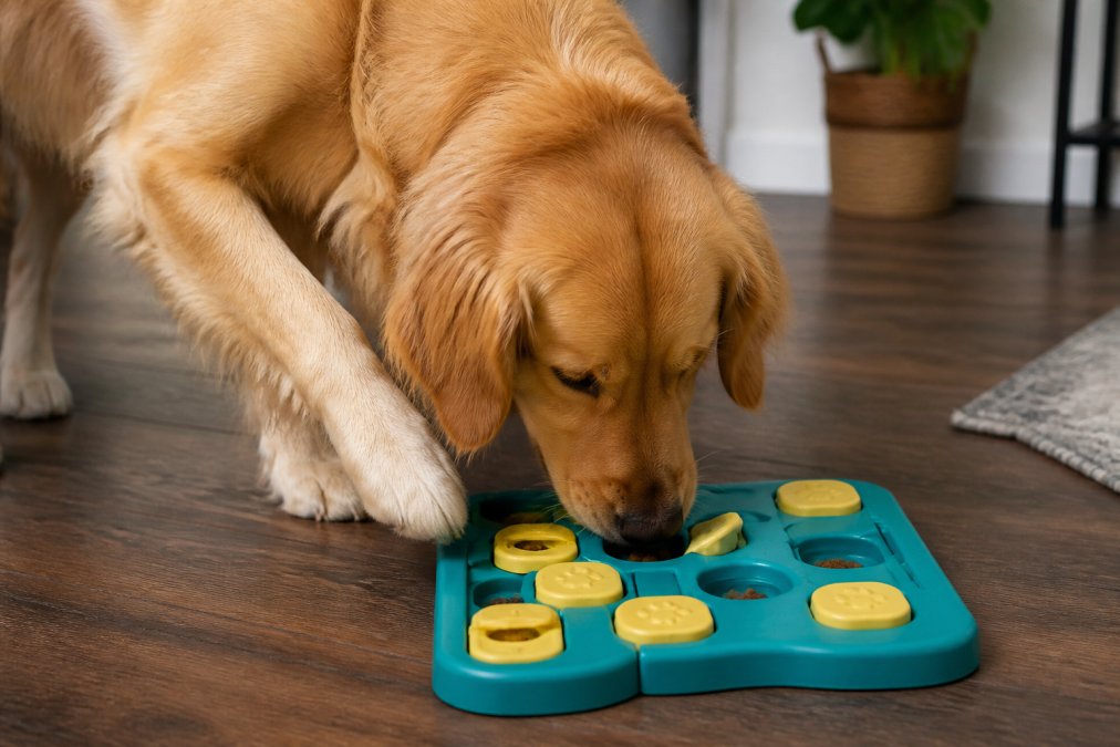 Golden Retriever actively engaged with a puzzle toy, using its nose and paw to solve the puzzle while treats are visible in compartments