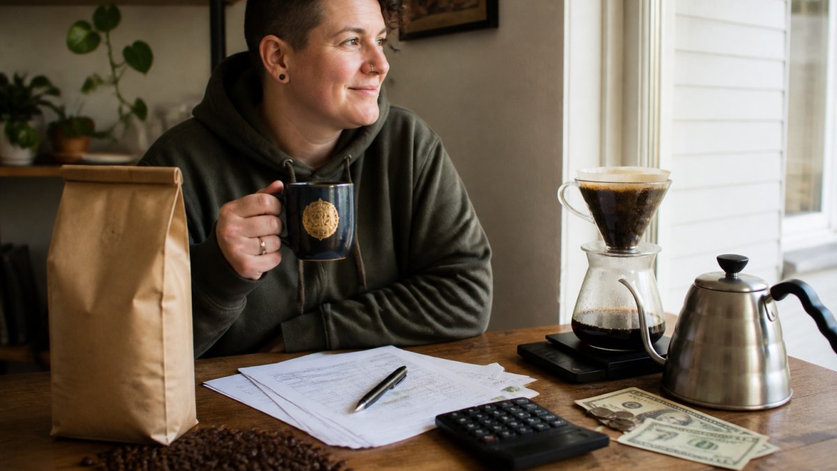 A person wearing a midweight hoodie holding a ceramic mug with a gold crest, sitting at a wooden table with a bag of coffee beans and a pour-over setup nearby, warm morning light through a window