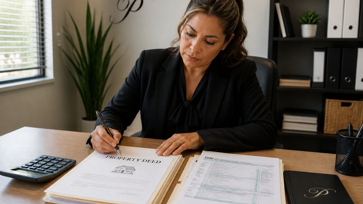 Professional reviewing property deed documents and tax forms on a desk with pen and calculator nearby, natural office lighting