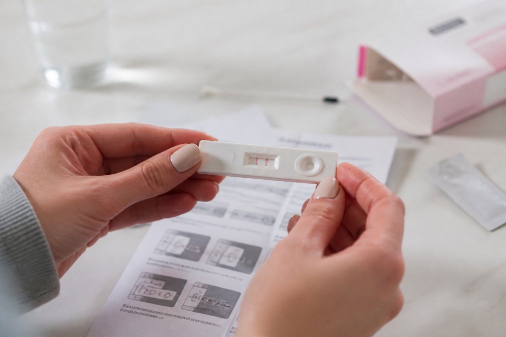 Close-up of hands holding a rapid test kit showing a clear positive result with visible control and test lines, with the test instructions visible in soft natural lighting