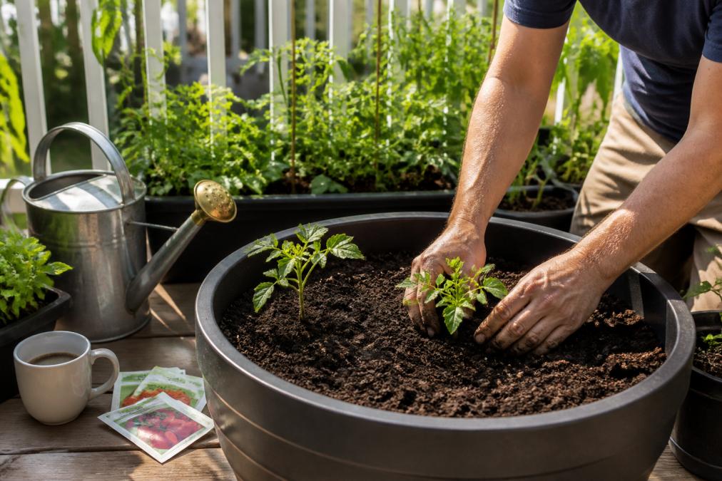 A gardener's hands planting small tomato seedlings into a large container filled with dark potting soil on a sunny back porch, with a watering can and seed packets nearby