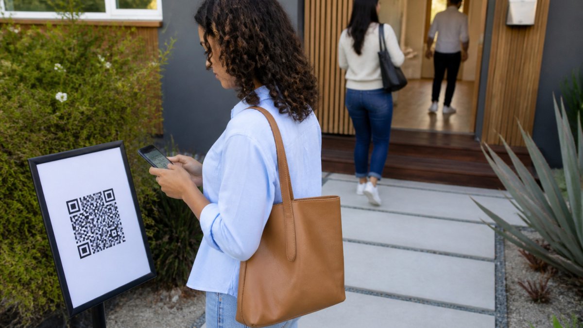 Real estate agent typing follow up email templates at a laptop next to an open house sign-in sheet