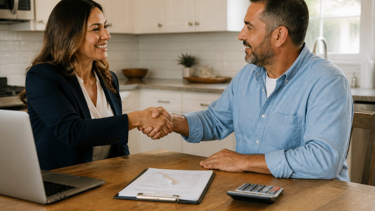 Real estate agent and homeowner shaking hands across a wooden table with listing documents, laptop, and calculator visible in a bright residential kitchen