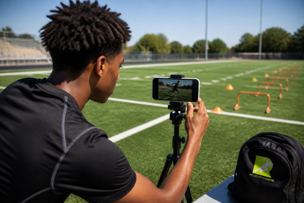 High school student-athlete filming highlight reel on smartphone, capturing athletic movement in natural outdoor gym setting with focused intensity