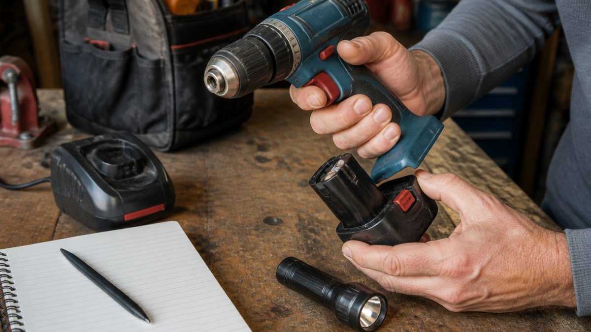 Close-up of hands examining a cordless drill on a workbench, checking the chuck and battery contacts, with a notebook checklist and flashlight nearby in a garage workshop