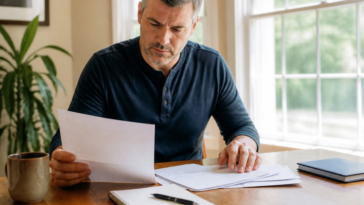 A rental property owner at a home desk reviewing a monthly owner statement on a laptop, with a coffee mug and notepad nearby, warm natural light from a window