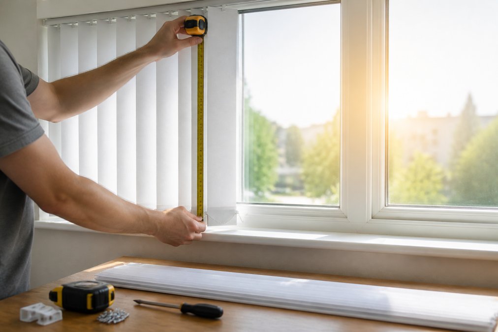 Close-up of a tape measure held vertically against a window frame, measuring from the headrail to the windowsill, with sunlight streaming through adjacent windows