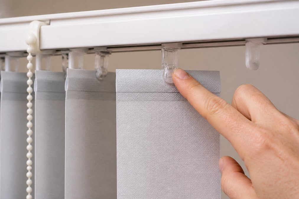 Close-up of a hand pointing to the hook attachment on top of a vertical blind slat, showing how it clips onto the headrail carrier system