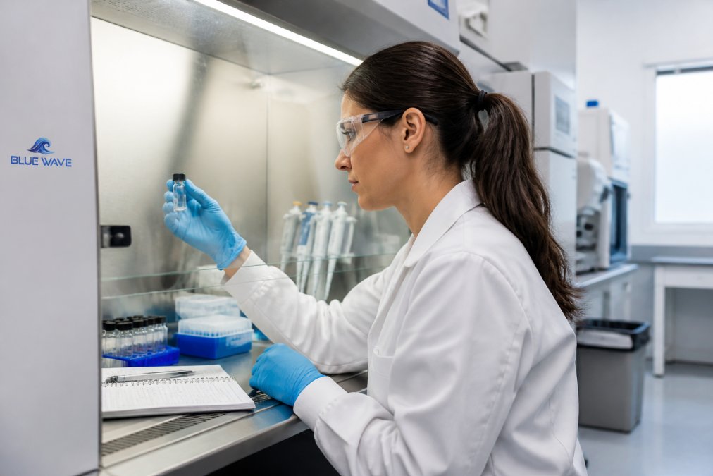 Professional laboratory technician examining peptide vials under a fume hood with precision equipment, documentation, and analysis instruments visible in modern research facility