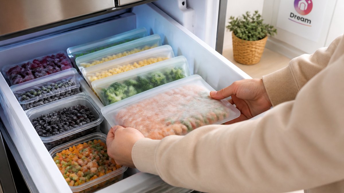 A person's hands placing a filled silicone food bag flat into a freezer drawer beside frozen vegetables and labeled containers, cold blue-white light, tidy home kitchen
