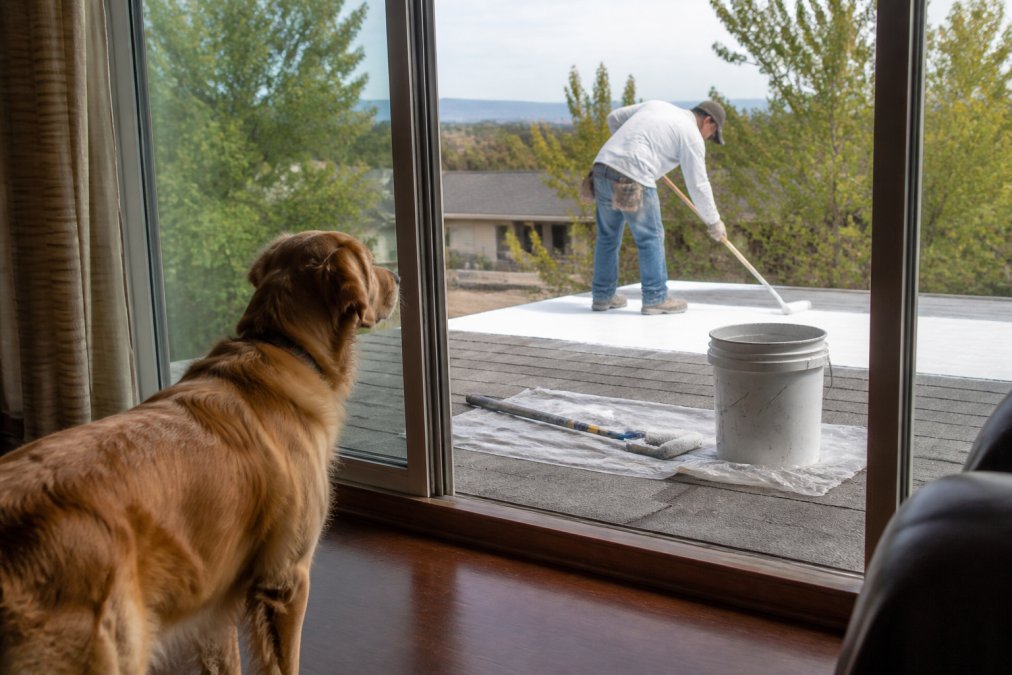 Professional roofer applying coating while pet dog is safely contained indoors behind closed sliding glass door, watching from inside living room with natural daylight