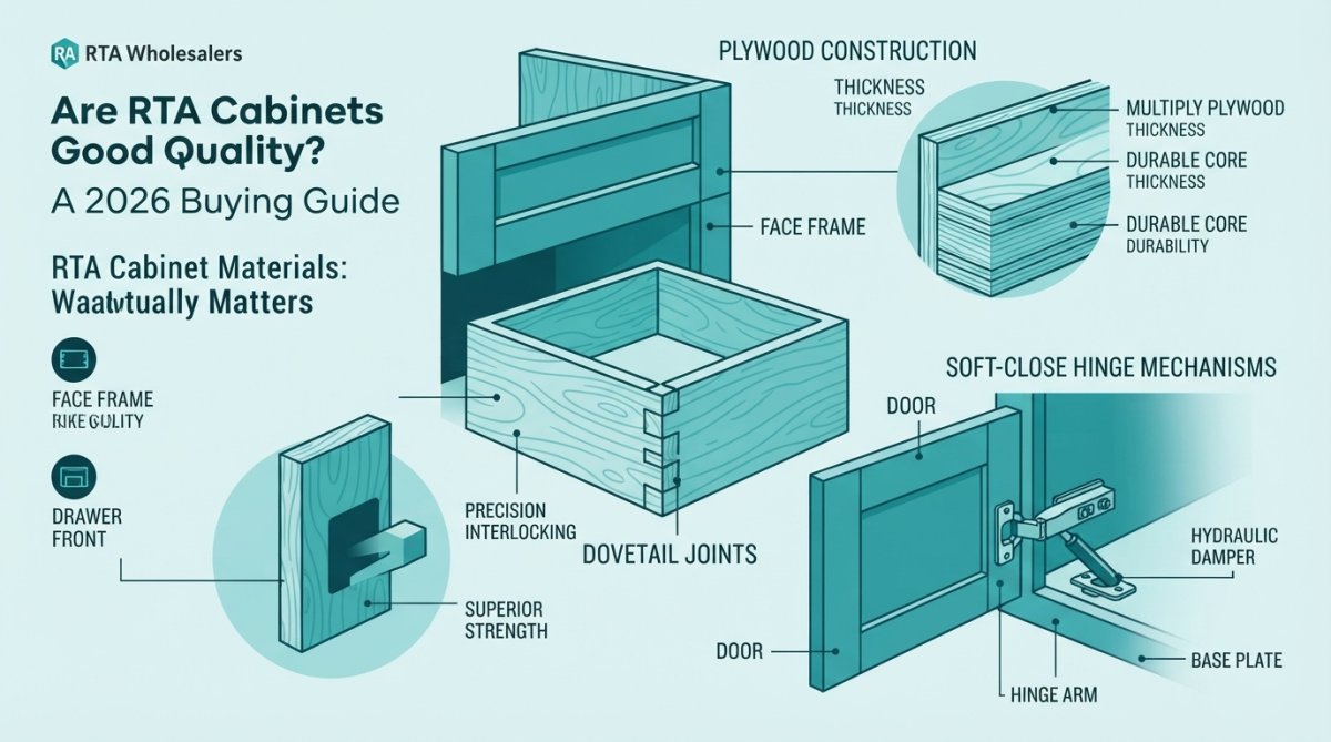 Close-up of cabinet construction showing plywood grain texture, dovetail drawer joints, and soft-close hinge mechanisms in natural lighting