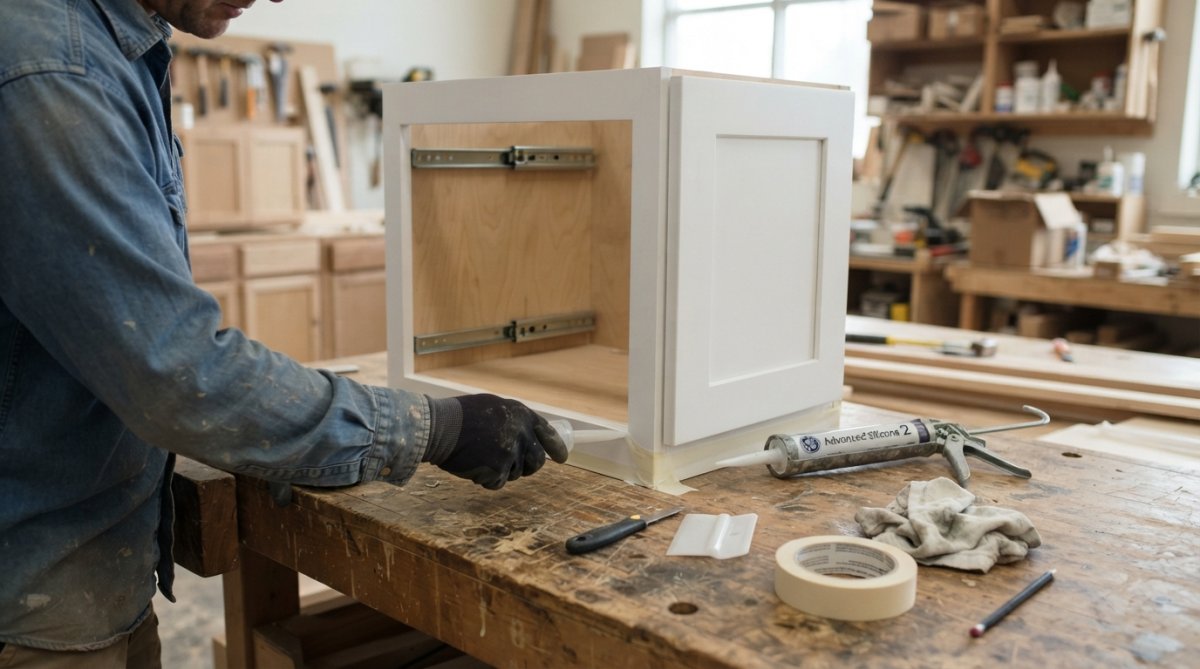 Close-up of cabinet edge banding and polyurethane sealant application on cabinet frame joints and door edges in a modern kitchen setting