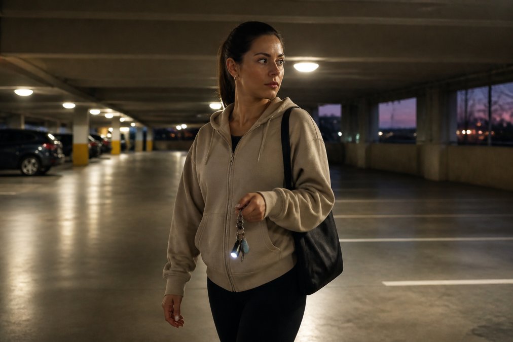 A woman walks through a parking garage holding keys with a safety alarm and flashlight to ensure safety keychains legal use.