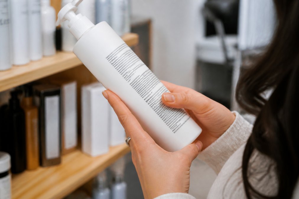Close-up of a person's hand holding a keratin product bottle, reading the ingredient label carefully in natural light with the label clearly visible