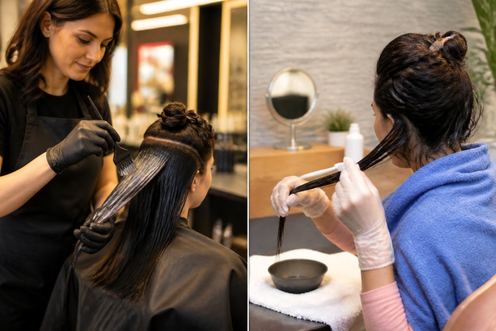 Professional stylist applying keratin treatment to a client's hair in a modern salon setting, carefully working through sections with a brush, warm lighting highlighting the treatment application