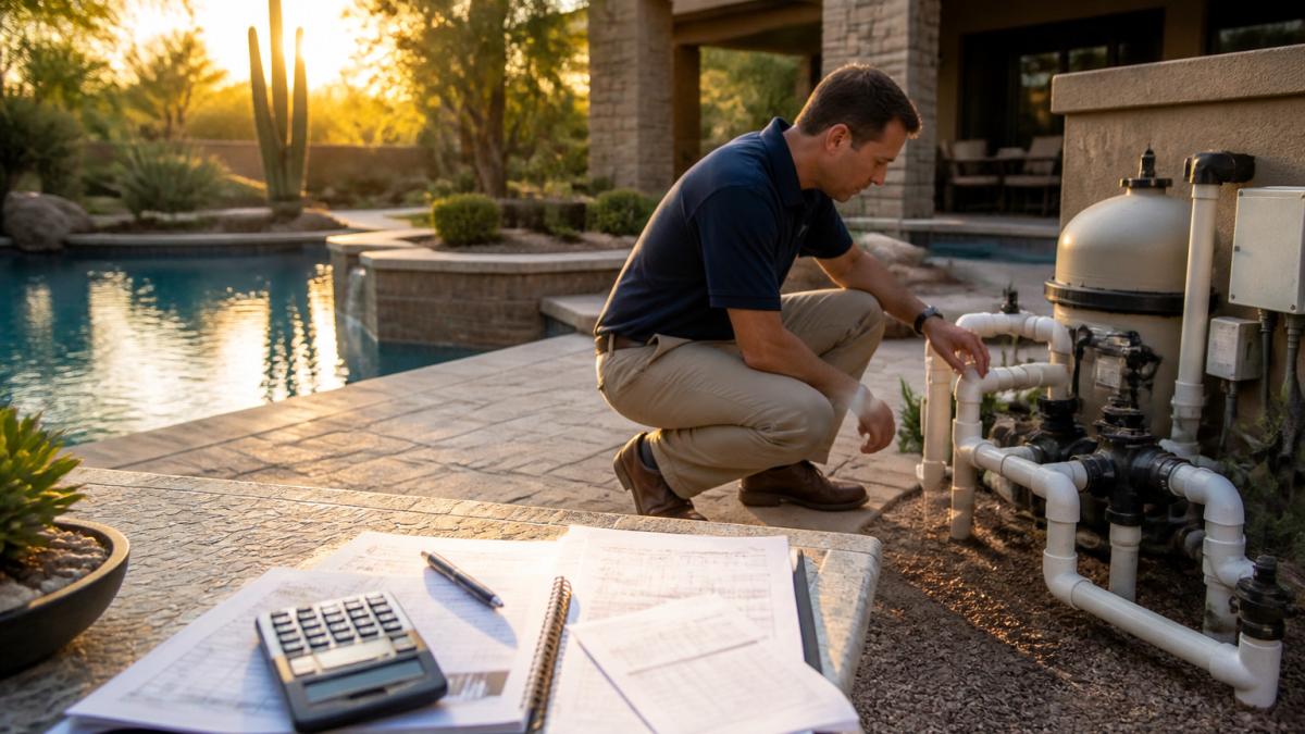Homeowner inspecting saltwater pool equipment on a stone patio at golden hour