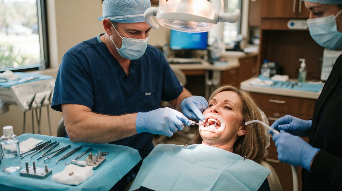 Close-up of a dental surgeon's gloved hands performing an implant placement procedure under bright surgical lighting, with dental instruments, sterile field, and bone visible in the surgical site
