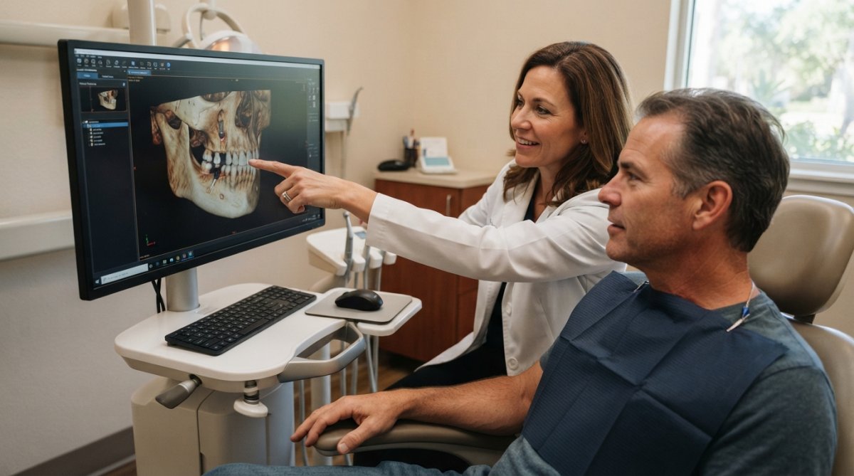 Patient seated in a dental chair reviewing a high-resolution 3D digital scan of their jawbone displayed on a monitor, with the dentist pointing to specific anatomical landmarks and treatment plan details