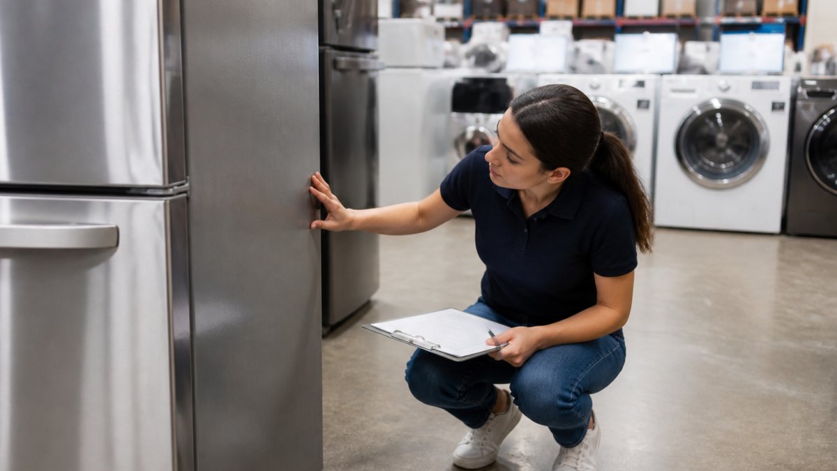 A shopper in a warehouse appliance showroom crouching to inspect the side panel of a stainless steel refrigerator, clipboard in hand, with rows of washers and dryers behind them