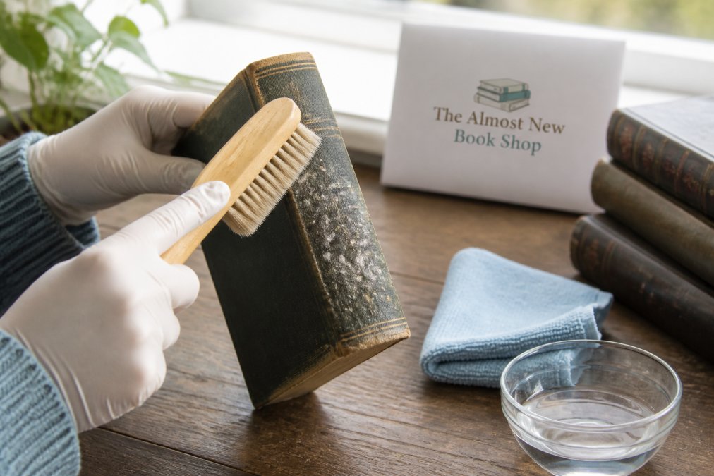 Hands wearing protective gloves using a soft-bristled brush to gently remove mould spots from the spine of an antique hardback book, with a microfiber cloth and small bowl of water on a wooden desk in natural daylight