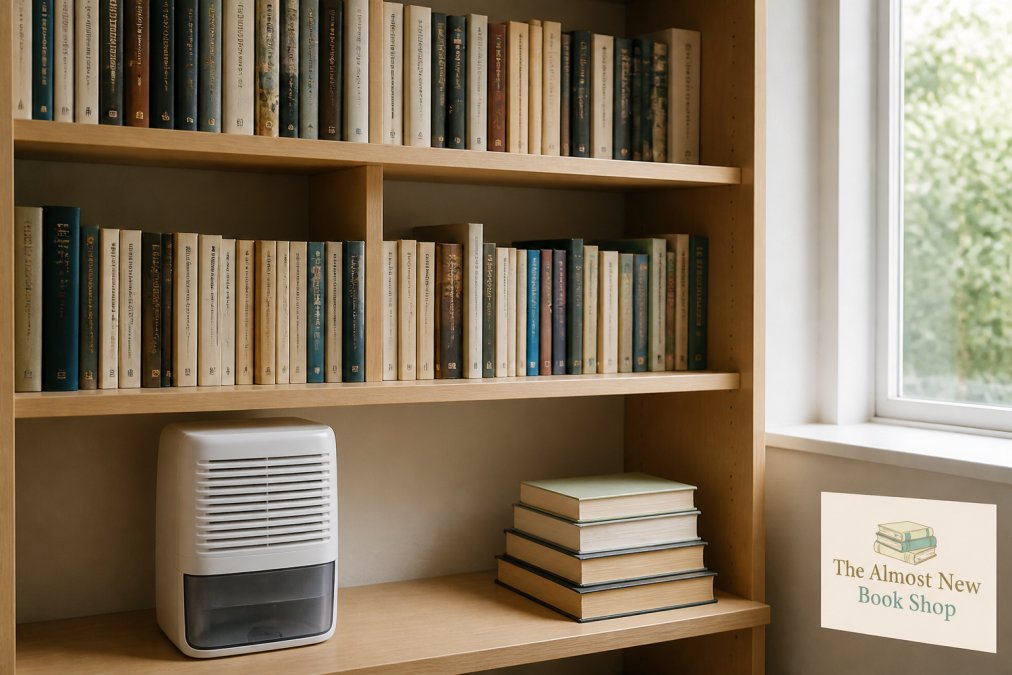 A collection of well-organised second-hand books standing upright on wooden shelves with visible spacing between volumes, a small dehumidifier placed on the shelf below, and soft natural light filtering through a nearby window