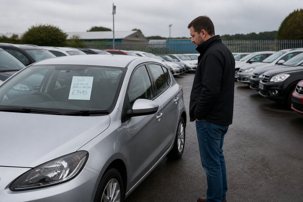 A person standing on a used car forecourt on a cloudy UK afternoon, studying a handwritten price sticker on the windscreen of a silver hatchback, with rows of other vehicles visible in the background