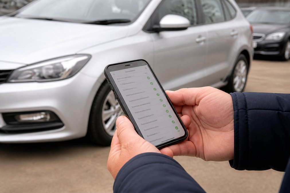 Close-up of a person's hands holding a smartphone displaying a vehicle history report screen, with a used silver car visible slightly out of focus in the background on a forecourt