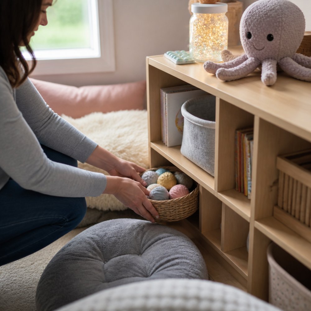 Cozy corner with a glowing sensory jar, weighted plush octopus, and a basket of textured fidget stones for kids
