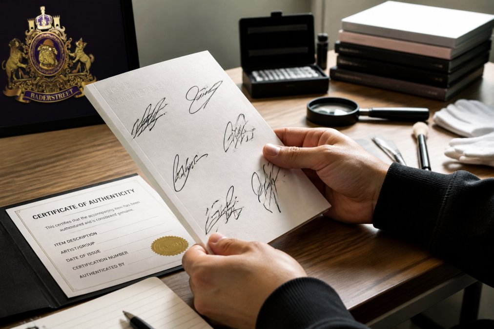Close-up of a collector's hands holding a signed K-Pop album next to a physical Certificate of Authenticity on a wooden desk, soft natural light