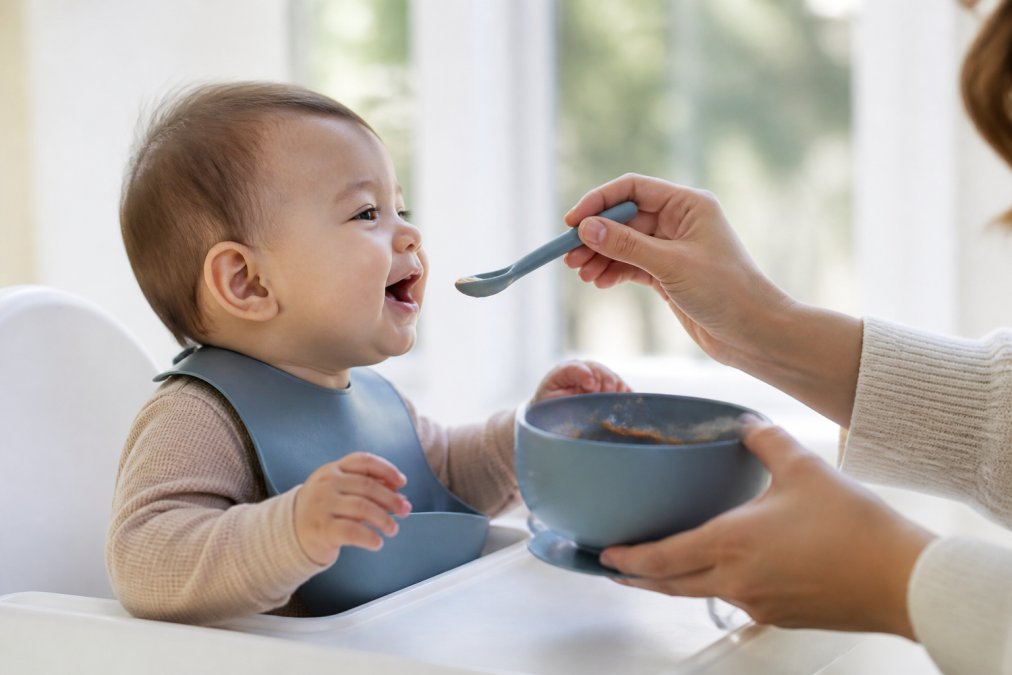 Parent's hand offering a soft silicone spoon and suction bowl to a baby during mealtime, showing the ergonomic design and texture in natural daylight
