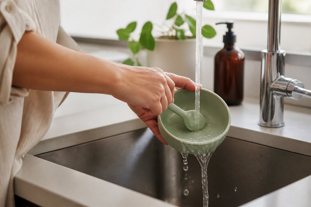 Hands washing a silicone bowl and spoon under warm running water at a kitchen sink, demonstrating proper cleaning technique with natural lighting