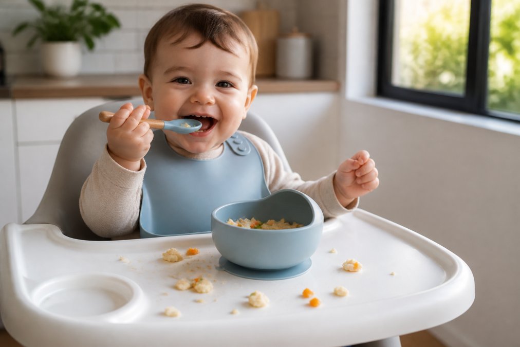 Illustration showing the benefits of smiling and toddler and sitting concepts for silicone feeding sets