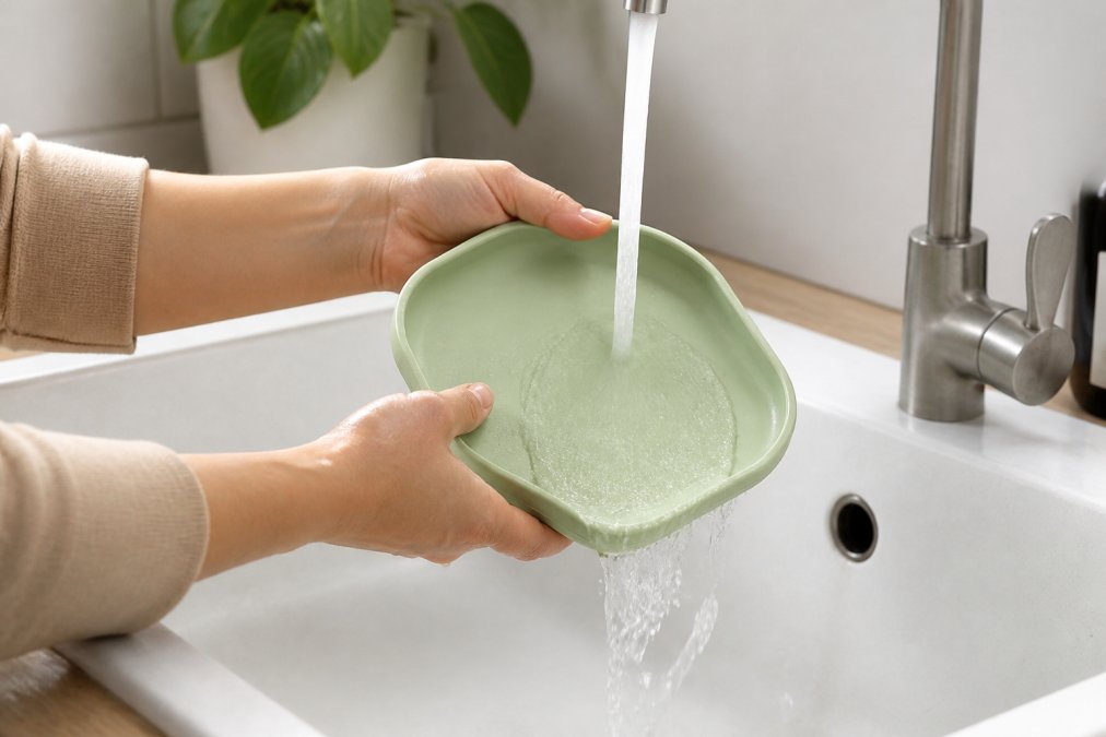 Parent's hands rinsing a colourful silicone suction plate under warm running water in a bright kitchen sink, showing the plate's flexibility bending slightly under the water stream