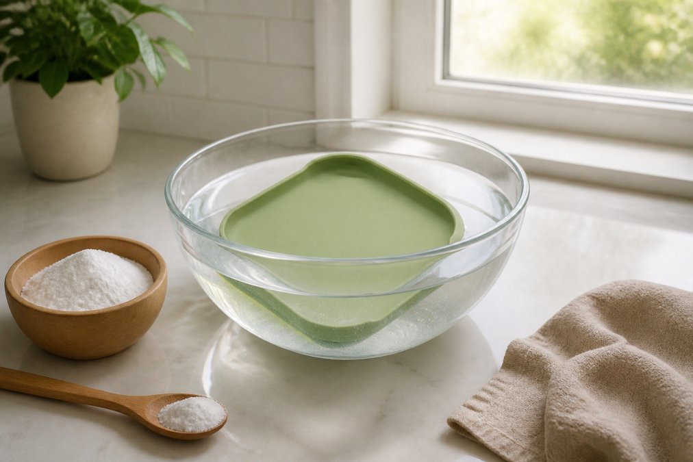 Close-up of a silicone suction plate soaking in a clear glass bowl filled with a baking soda solution on a kitchen counter, natural daylight streaming through a window