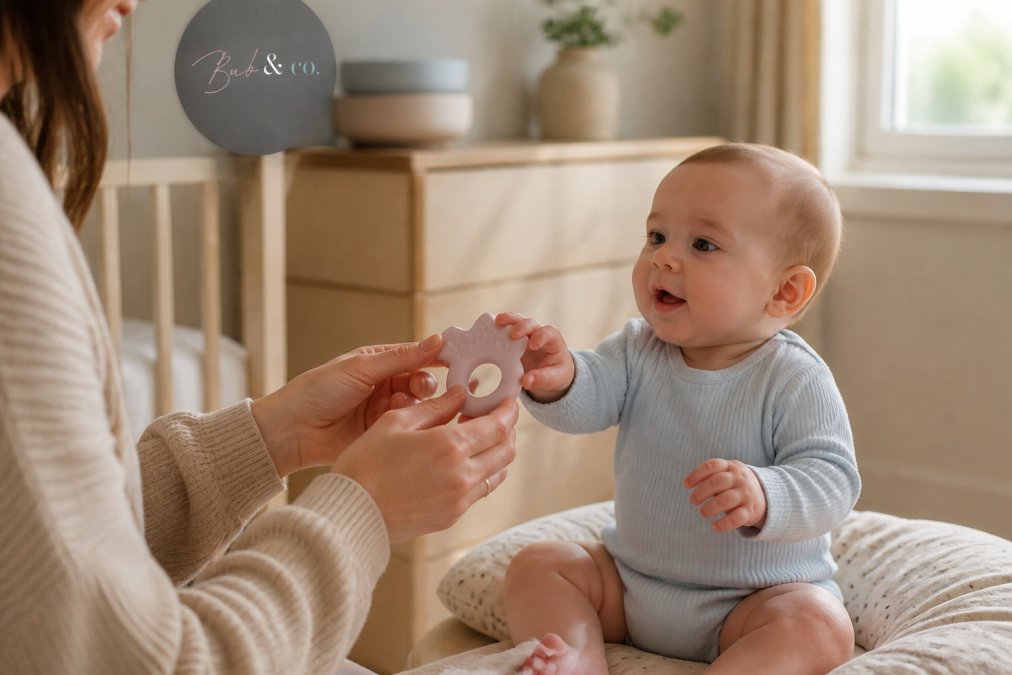Parent holding a pastel silicone teether for a baby reaching out in a sunlit nursery
