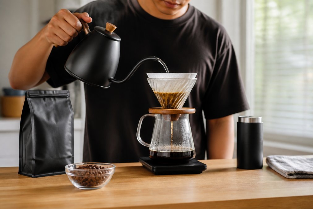 Pouring hot water over single origin beans in a pour-over dripper with a scale on a kitchen counter