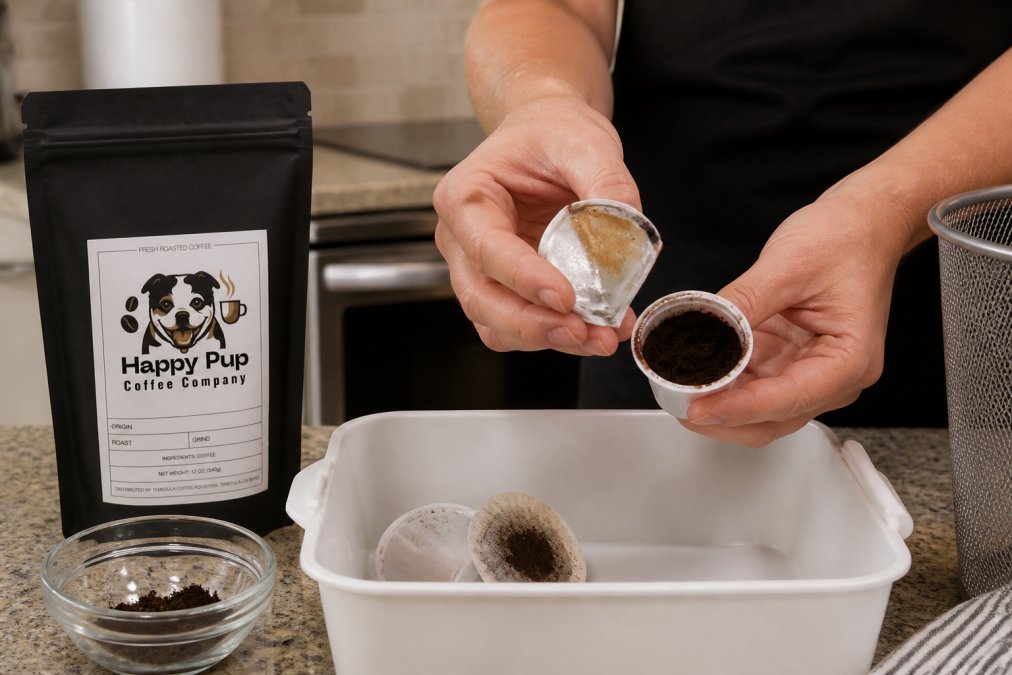 Close-up of hands carefully separating aluminum pod shell from used coffee grounds and filter paper over a white sorting container in a kitchen setting