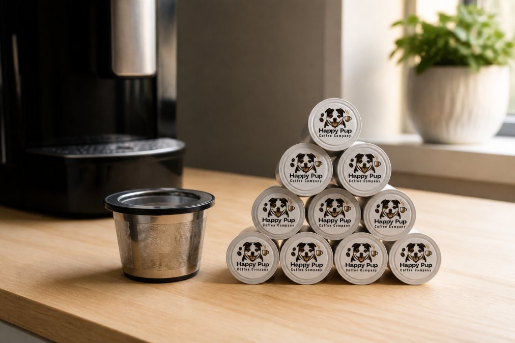 A stainless steel reusable coffee filter pod positioned next to a stack of ten disposable single-serve capsules on a light wood kitchen counter, with a coffee machine visible in soft morning sunlight